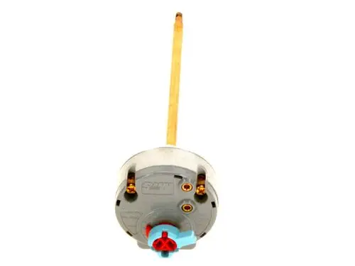 Bosch Thermostat mit einem langen Fühler und mehreren Anschlussmöglichkeiten auf der Rückseite, geeignet für Heizungssteuerungssysteme.